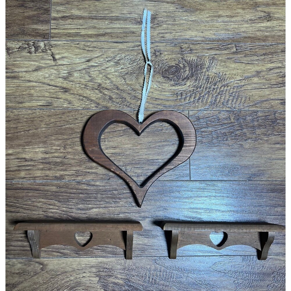 Vintage Mini Wooden Heart Shelves (Set of 2) and Wooden Heart 3 piece total set